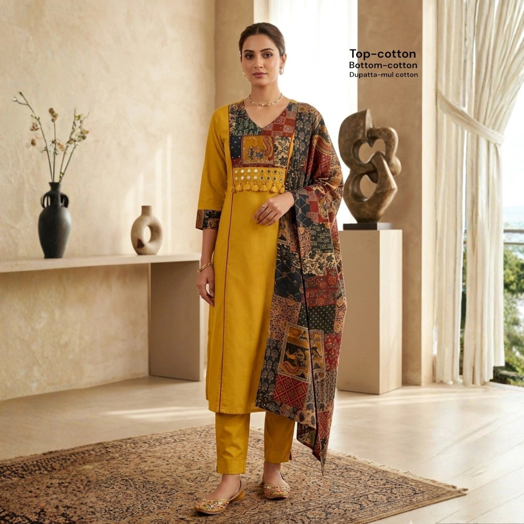 Mustard Yellow Cotton Printed Suit Set with Dupatta
