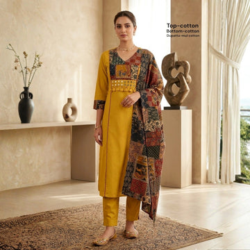 Mustard Yellow Cotton Printed Suit Set with Dupatta