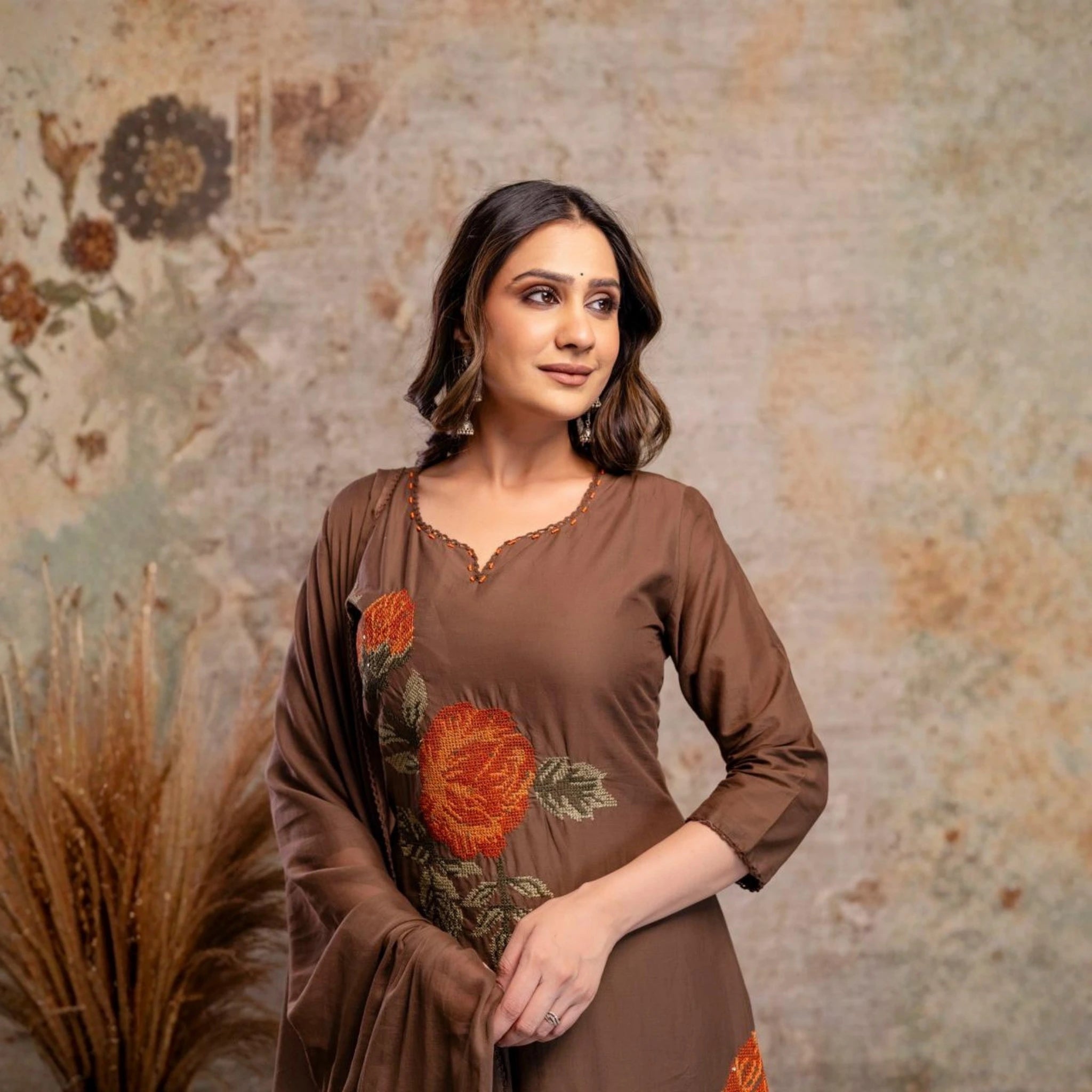 Chic Floral Embroidered Mul Cotton Kurta Set