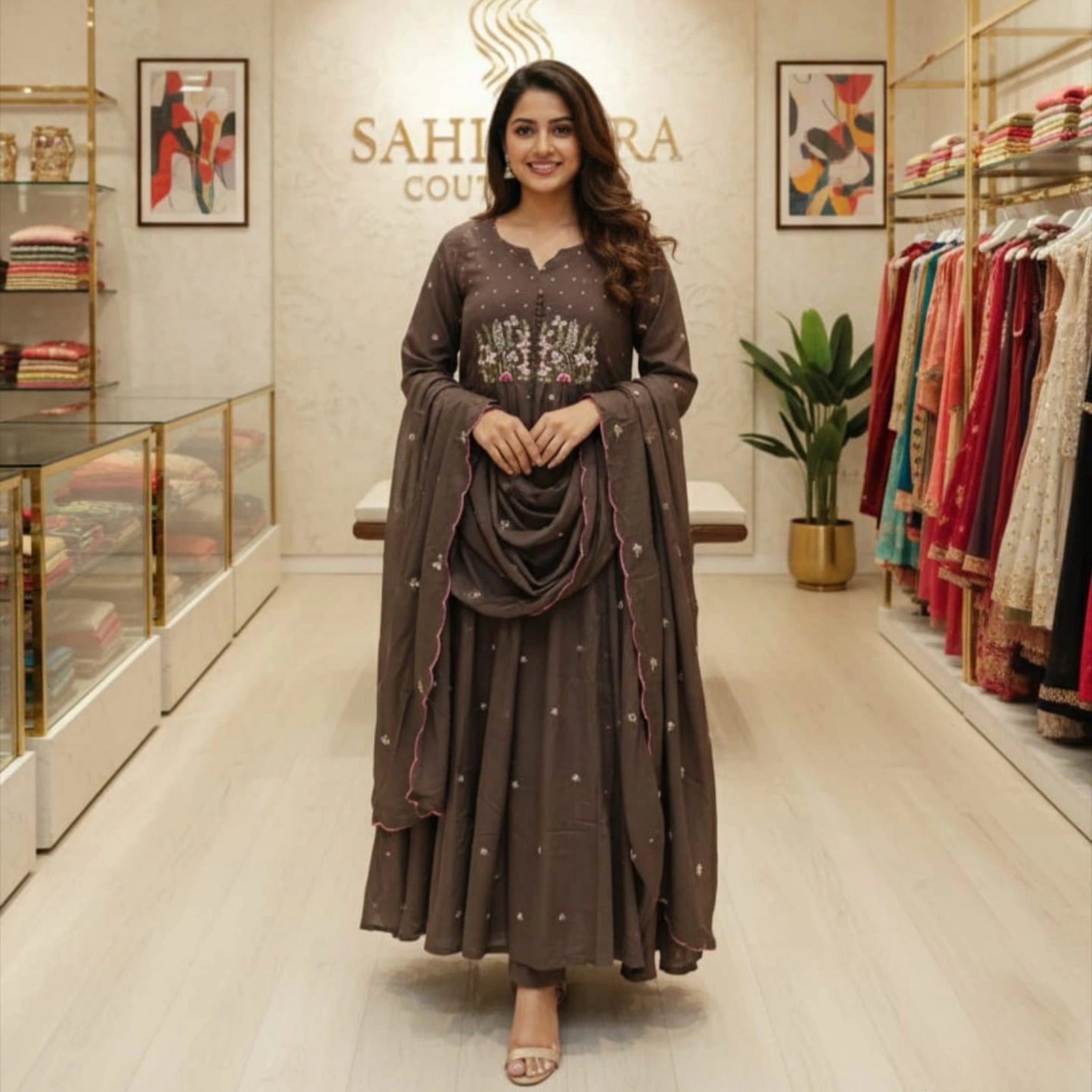 Premium Mul Cotton Embroidered Flared Kurta Set with Cutwork Dupatta