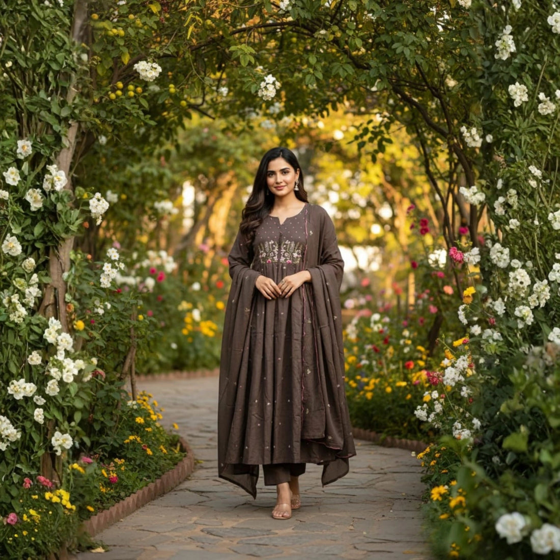 Premium Mul Cotton Embroidered Flared Kurta Set with Cutwork Dupatta