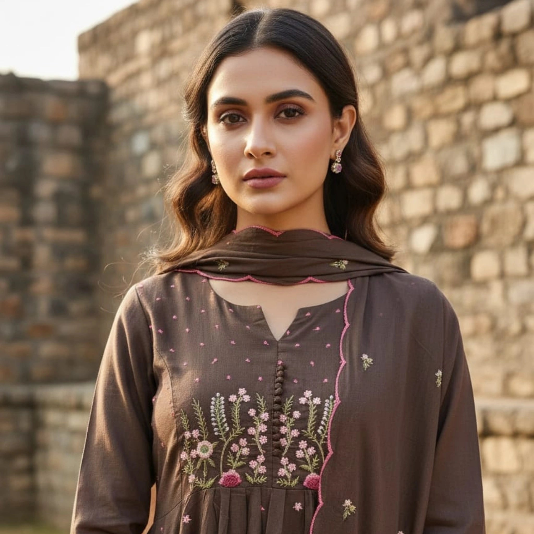 Premium Mul Cotton Embroidered Flared Kurta Set with Cutwork Dupatta