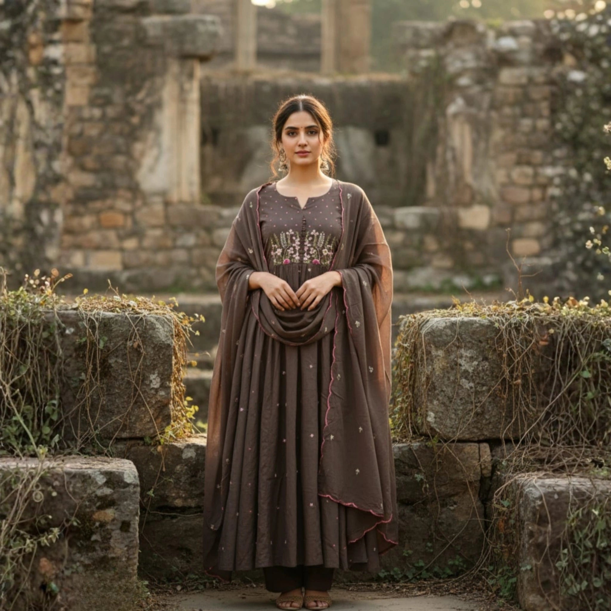 Premium Mul Cotton Embroidered Flared Kurta Set with Cutwork Dupatta