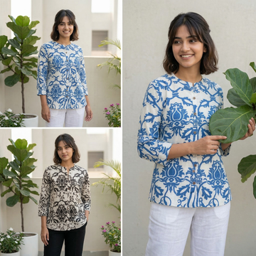 Floral Printed Knee-Length Short Top (Blue & Black)