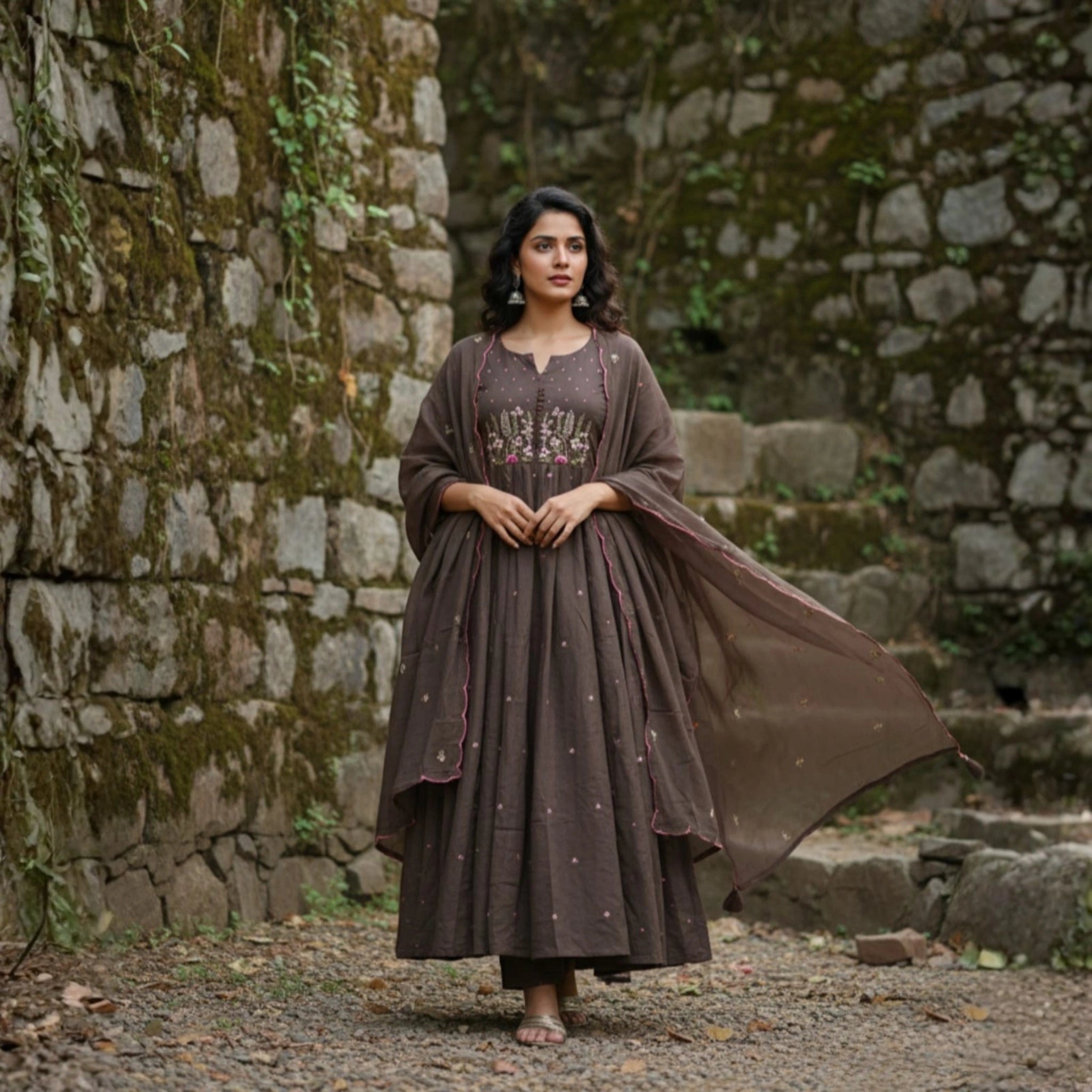 Premium Mul Cotton Embroidered Flared Kurta Set with Cutwork Dupatta
