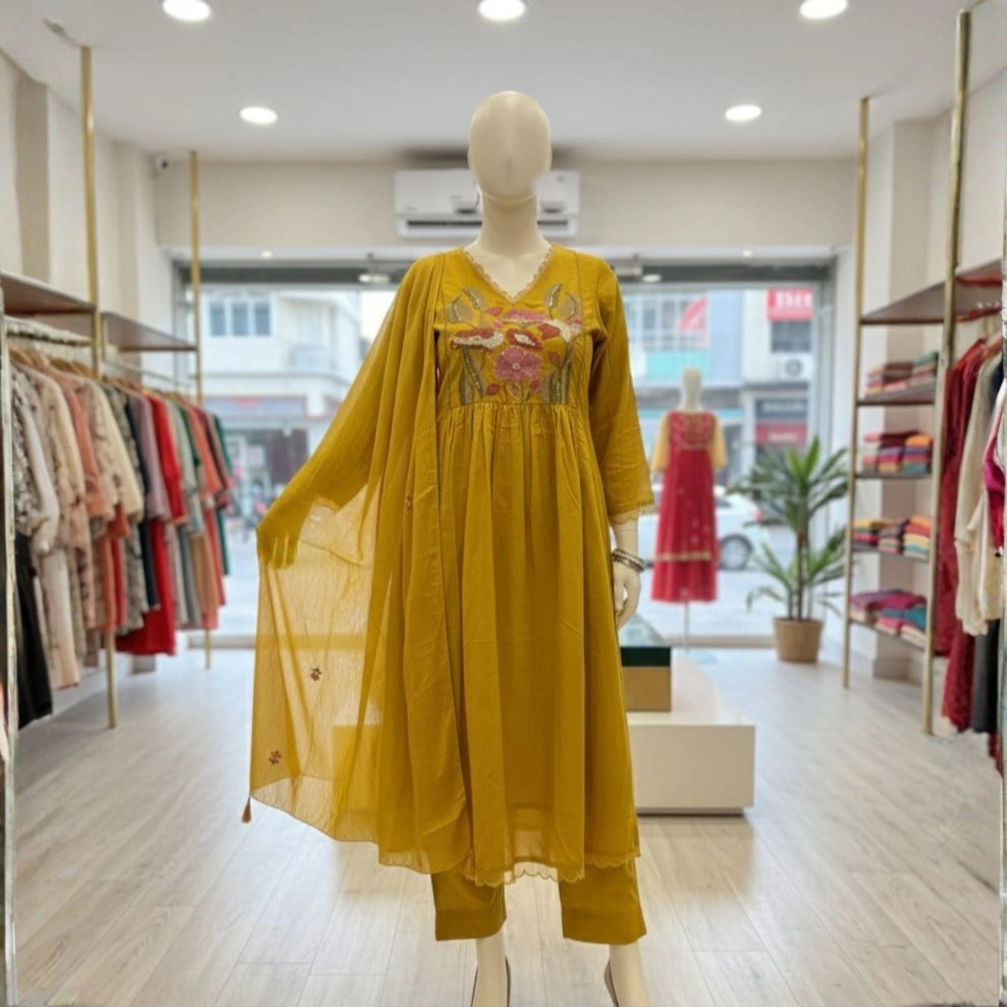 Mustard Yellow Cotton Embroidered Suit Set with Dupatta