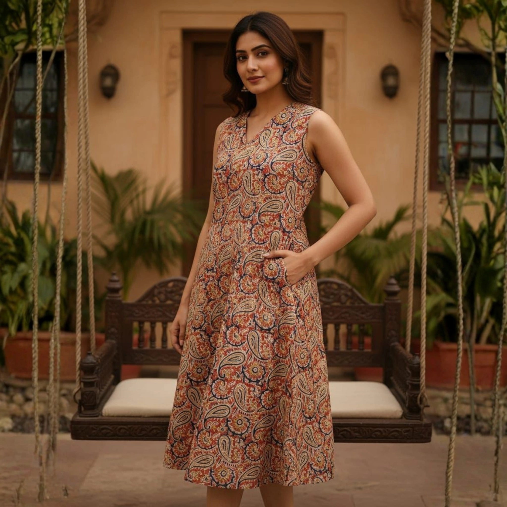 Pure Cotton Kalamkari Hand Block Print One Piece Dress