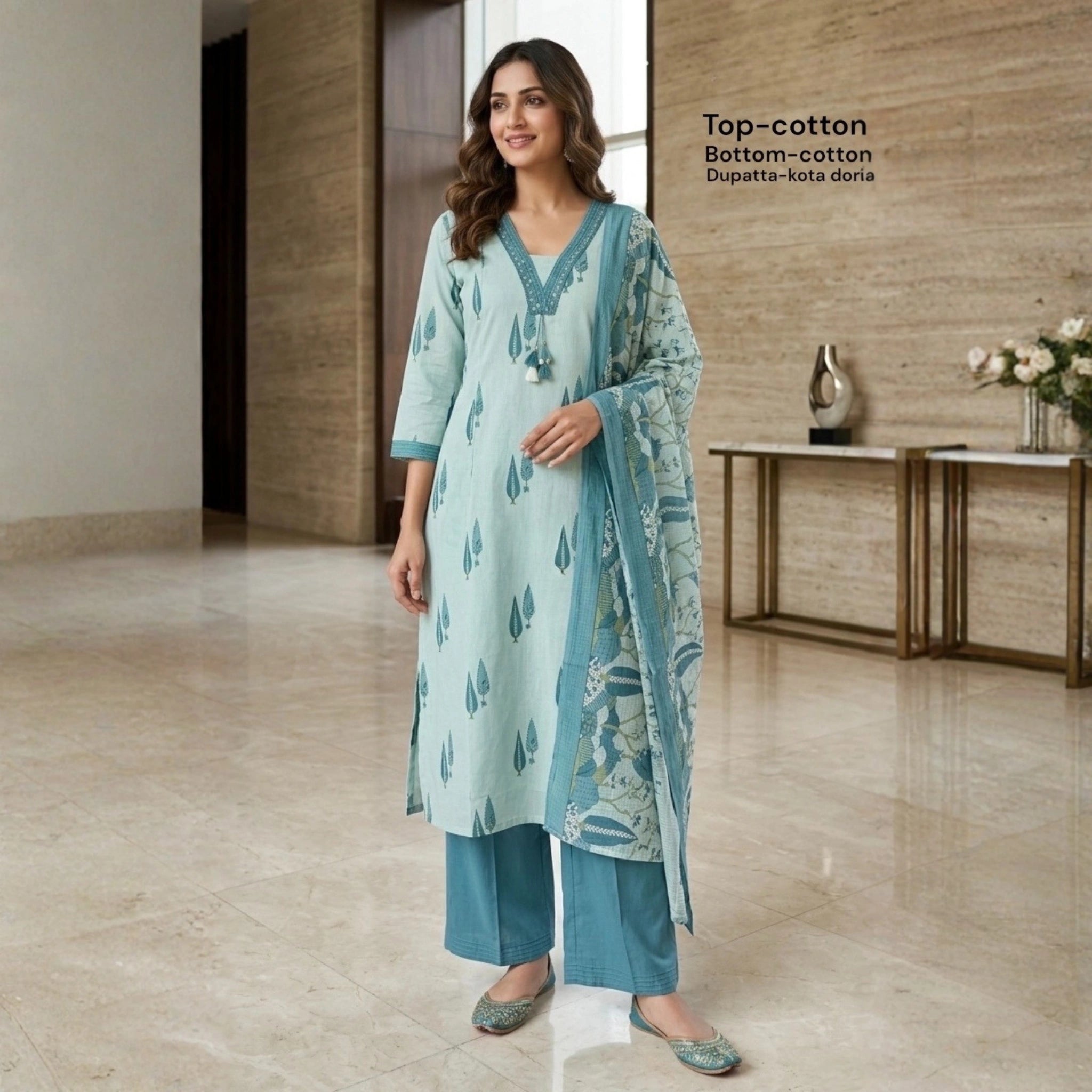 Sky Blue Cotton Printed Suit Set with Kota Doria Dupatta