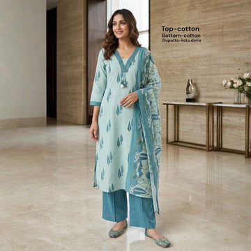 Sky Blue Cotton Printed Suit Set with Kota Doria Dupatta