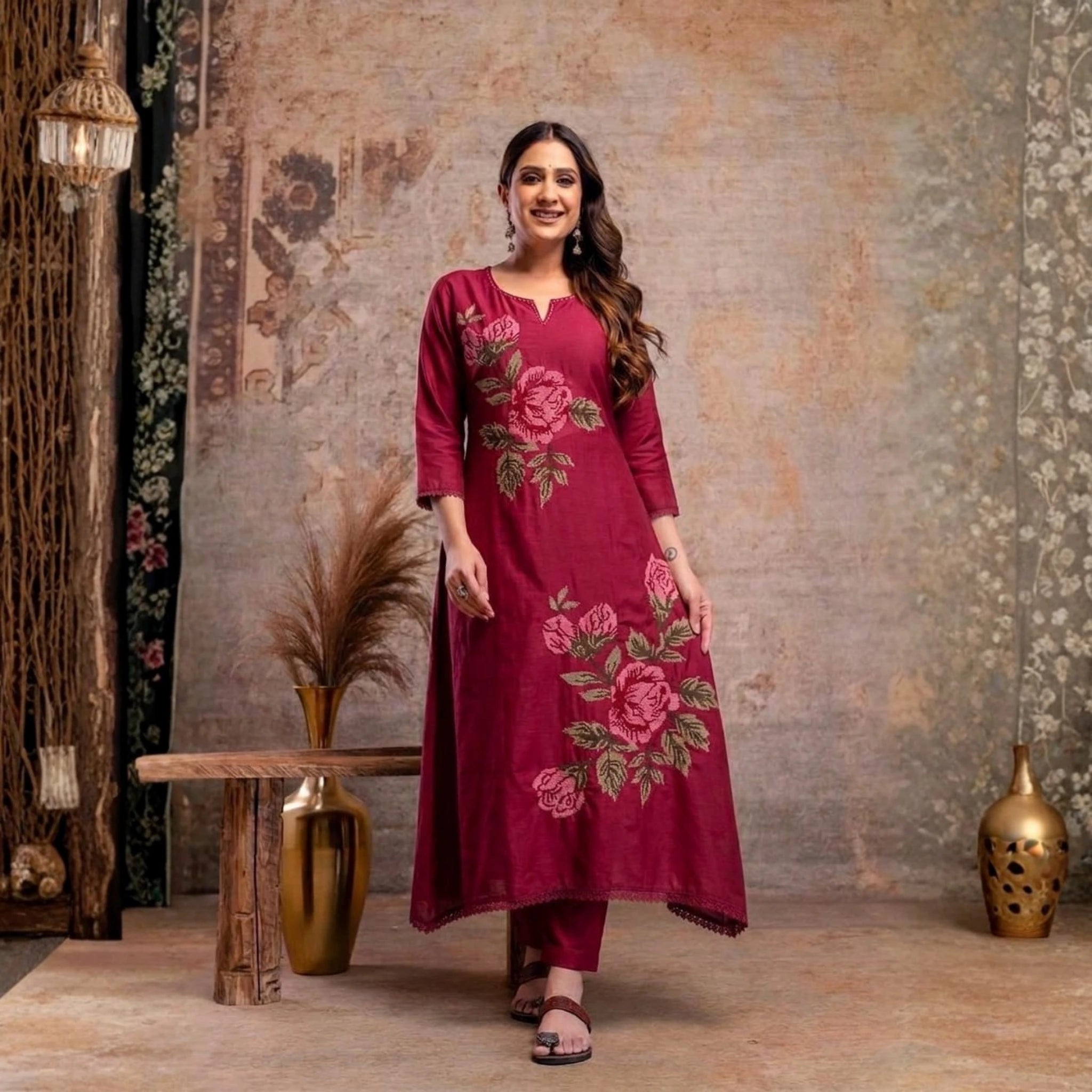 Chic Floral Embroidered Mul Cotton Kurta Set
