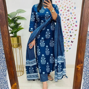 Premium Jaipuri Cotton Kurti Pant Dupatta Set