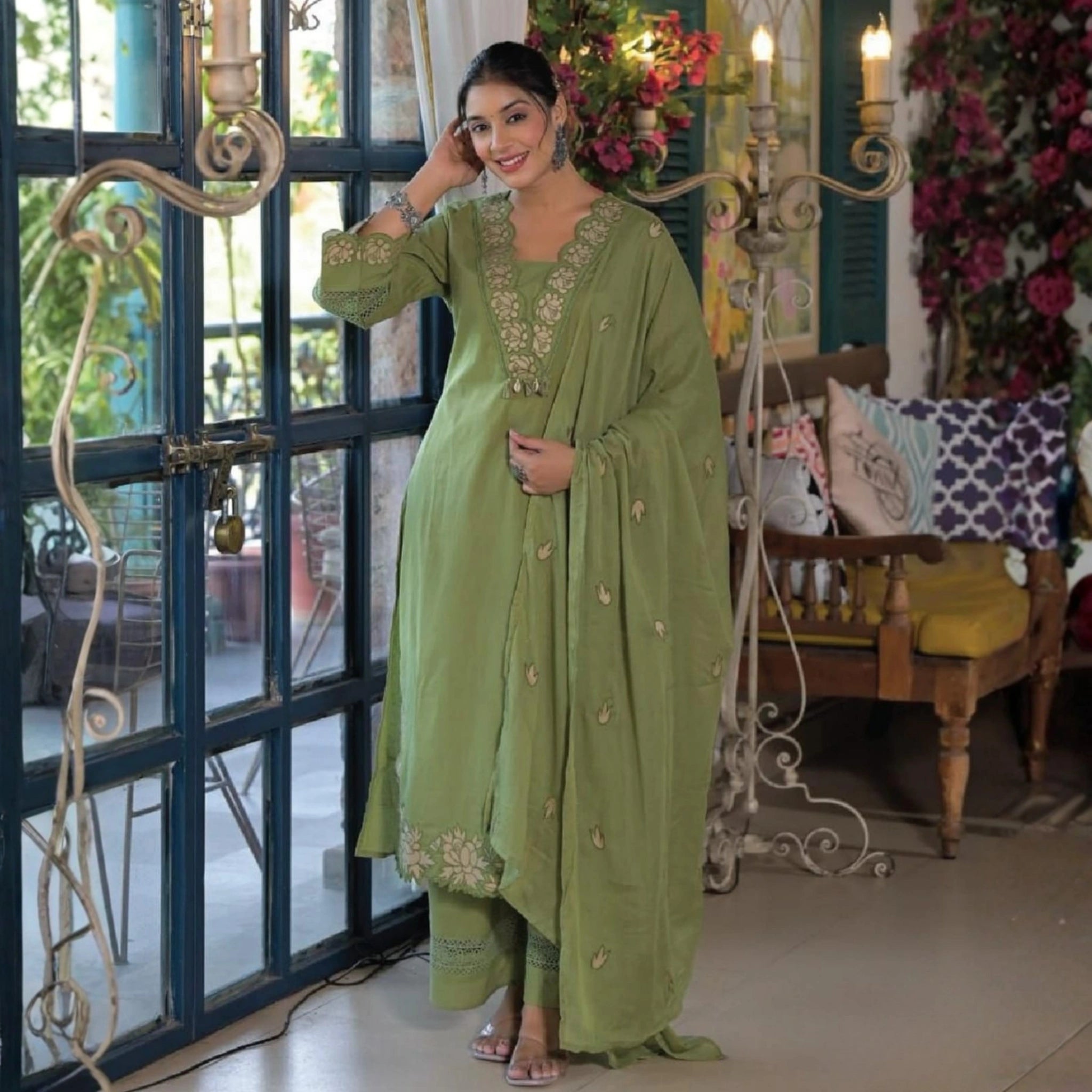 Elegant Green Embroidered Straight Kurta Set with Mul Cotton Dupatta