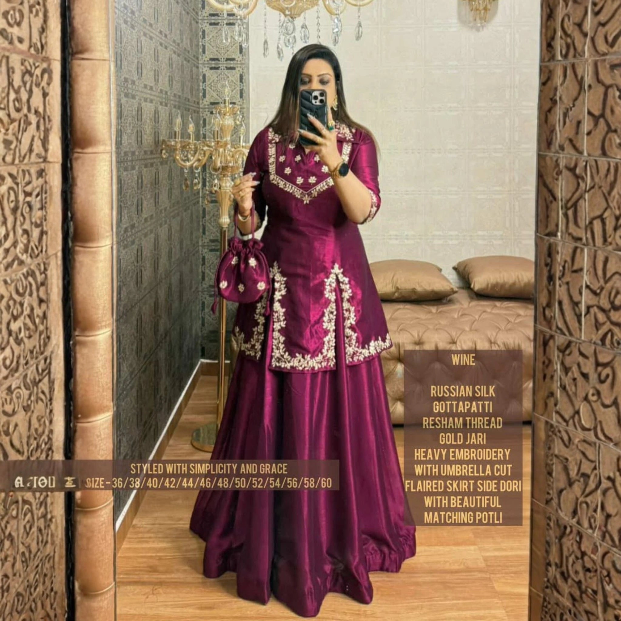 Royal Russian Silk Indo-Western Skirt Set with Potli Bag
