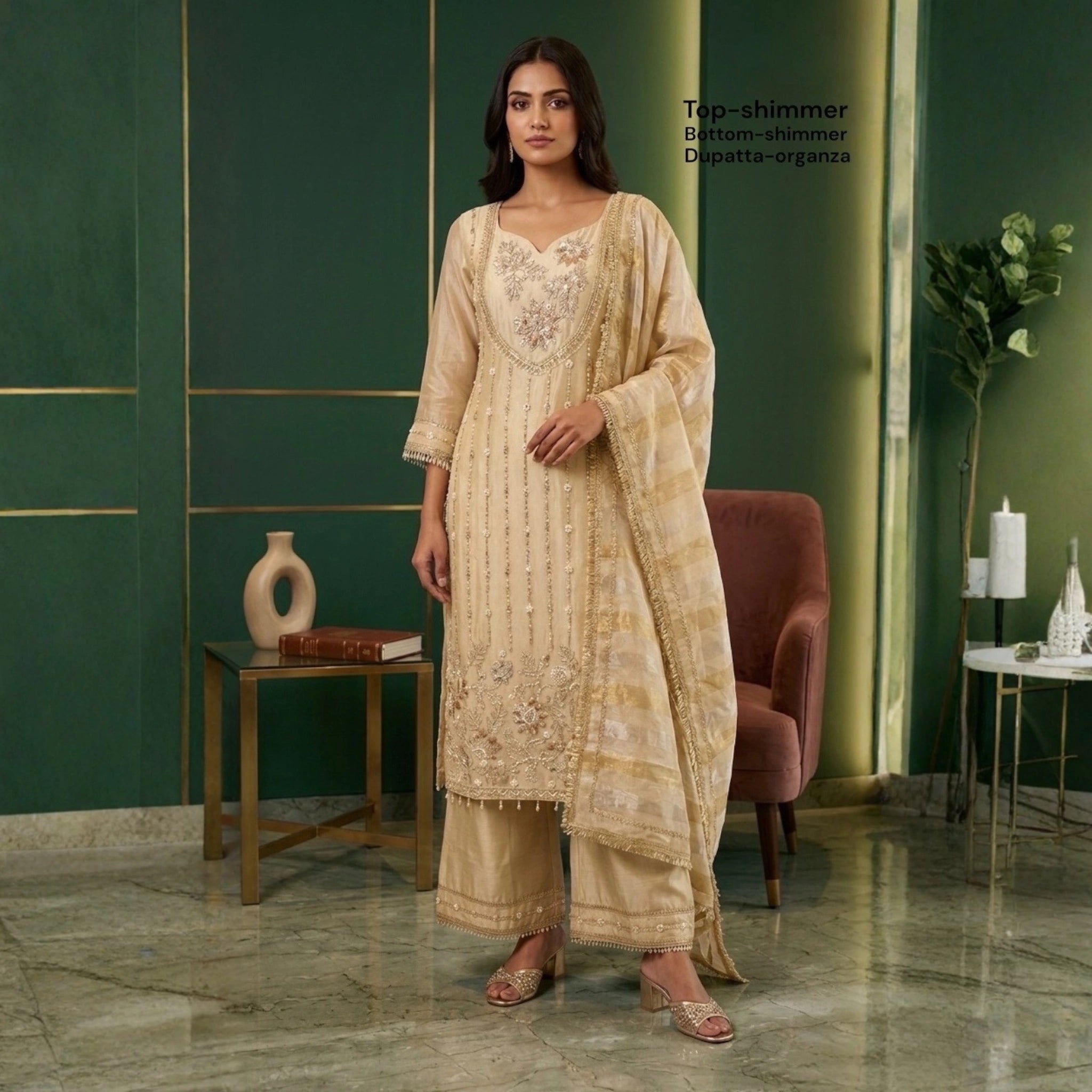 Off White & Golden Tissue Shimmer Embroidered Suit Set