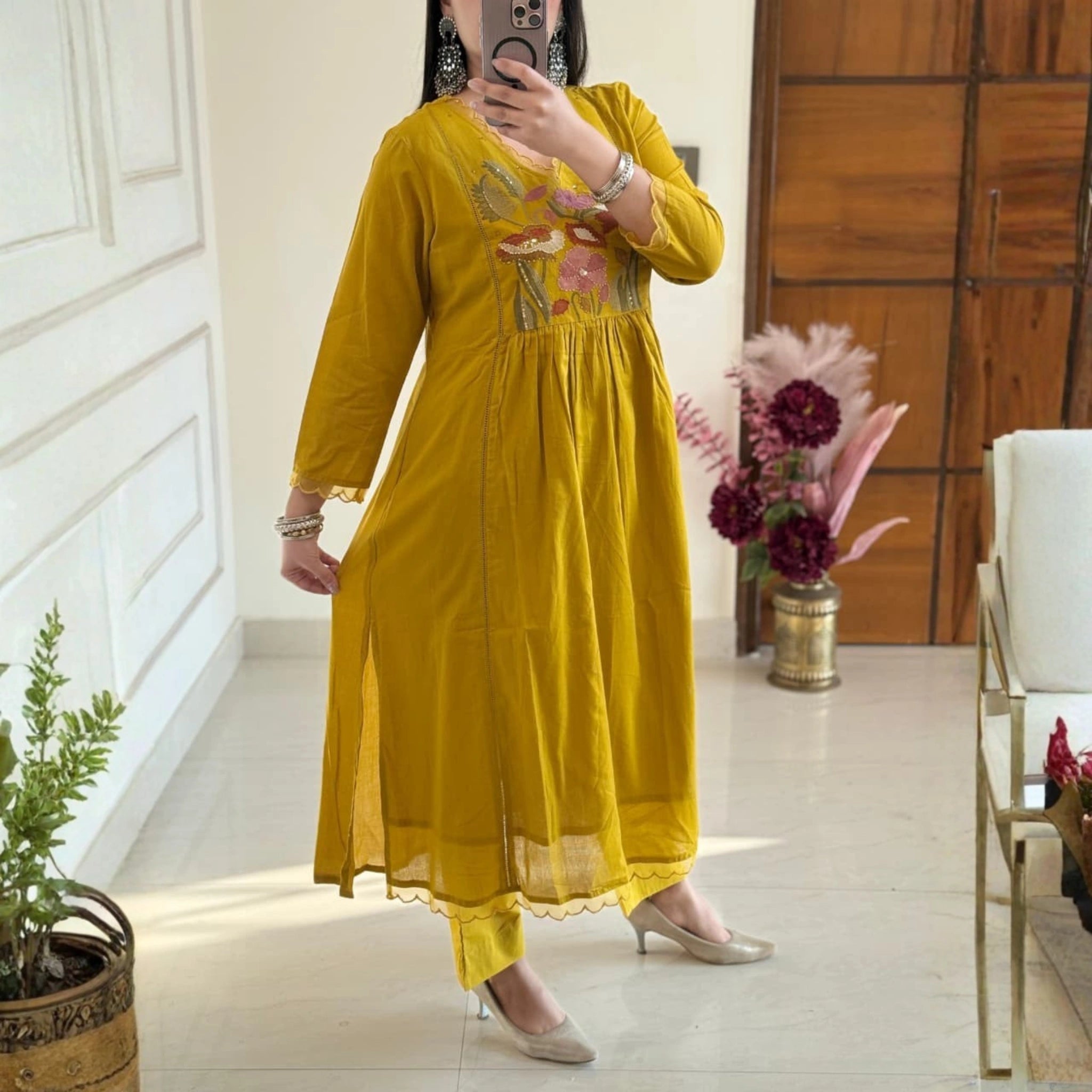 Mustard Yellow Cotton Embroidered Suit Set with Dupatta