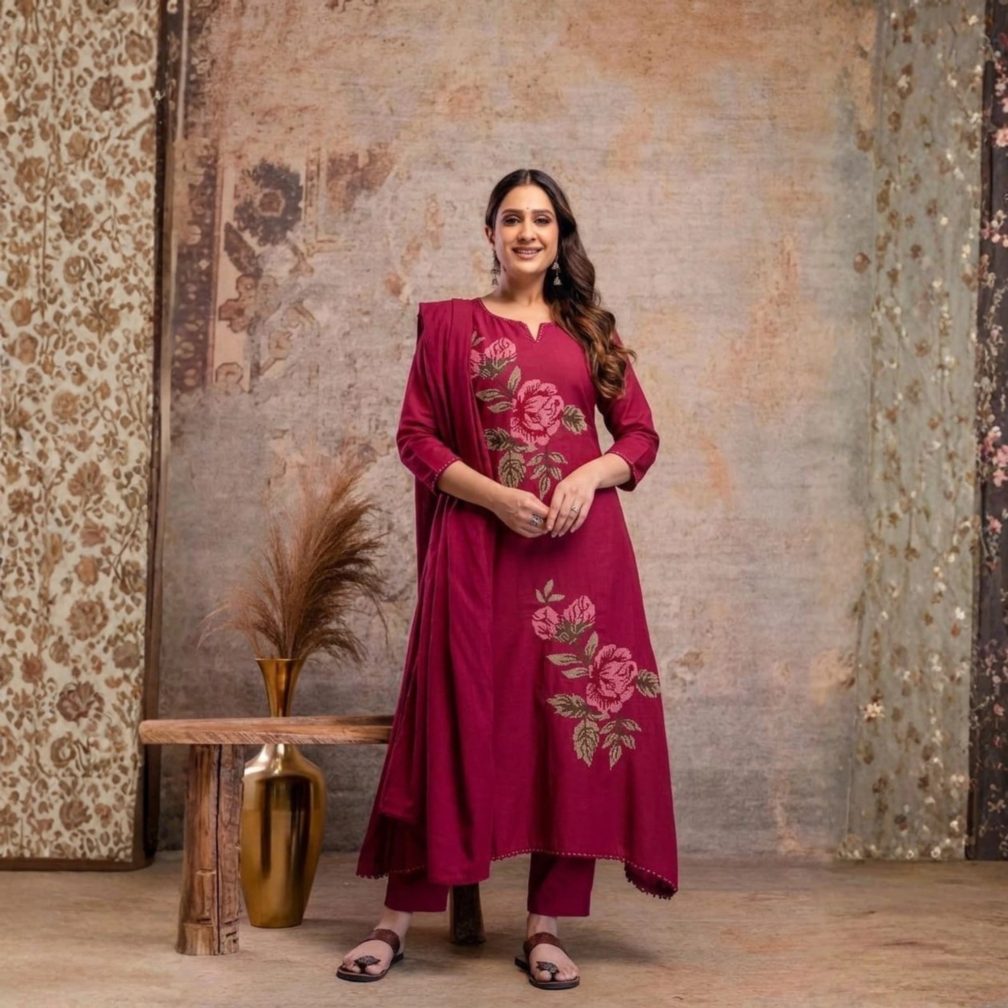 Chic Floral Embroidered Mul Cotton Kurta Set