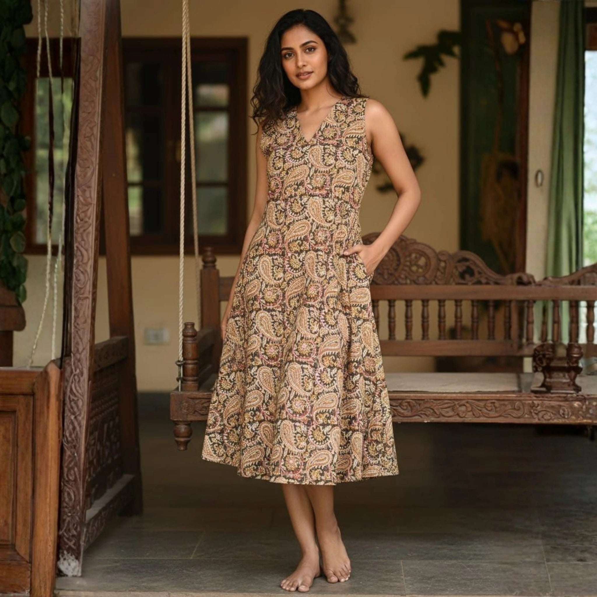 Pure Cotton Kalamkari Hand Block Print One Piece Dress