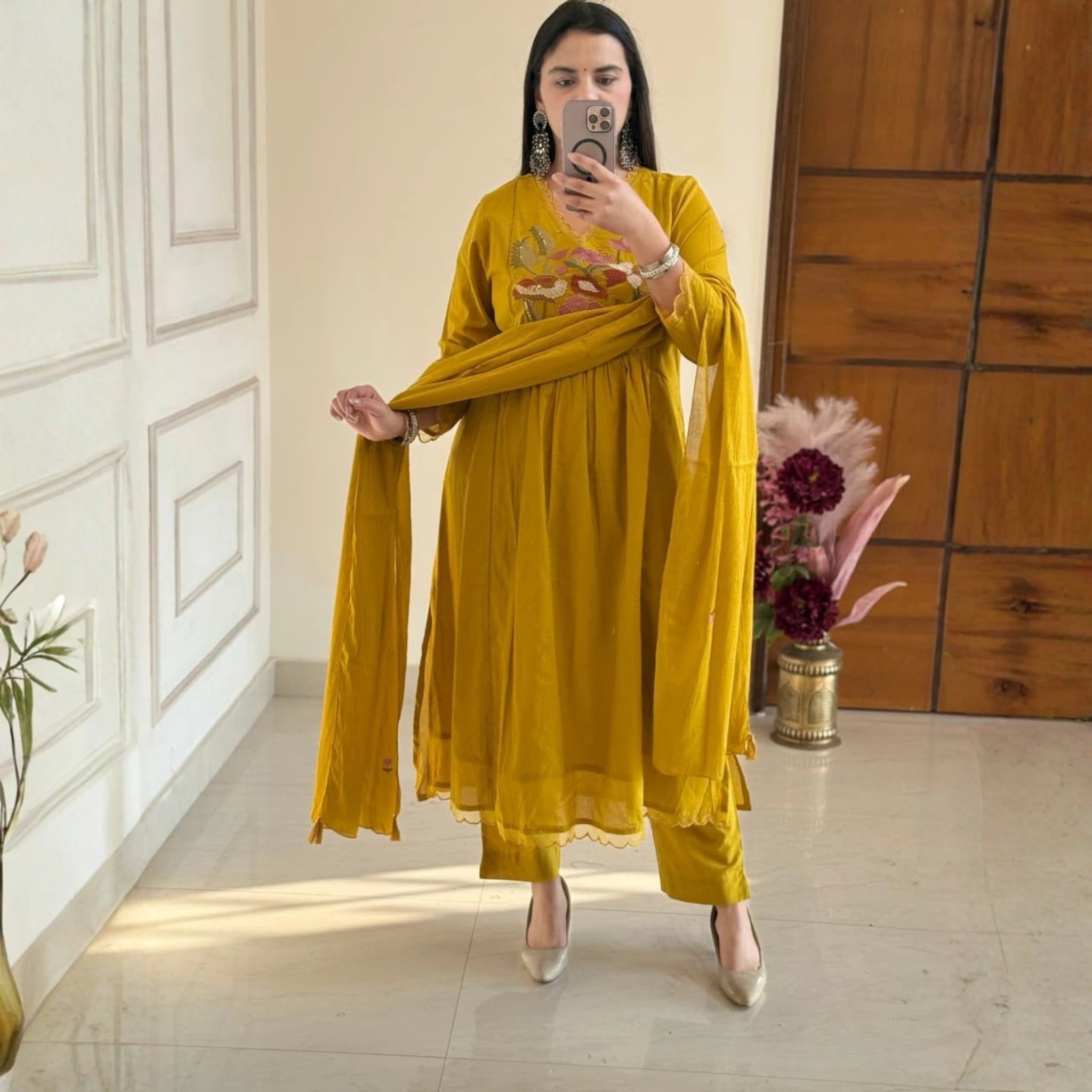 Mustard Yellow Cotton Embroidered Suit Set with Dupatta