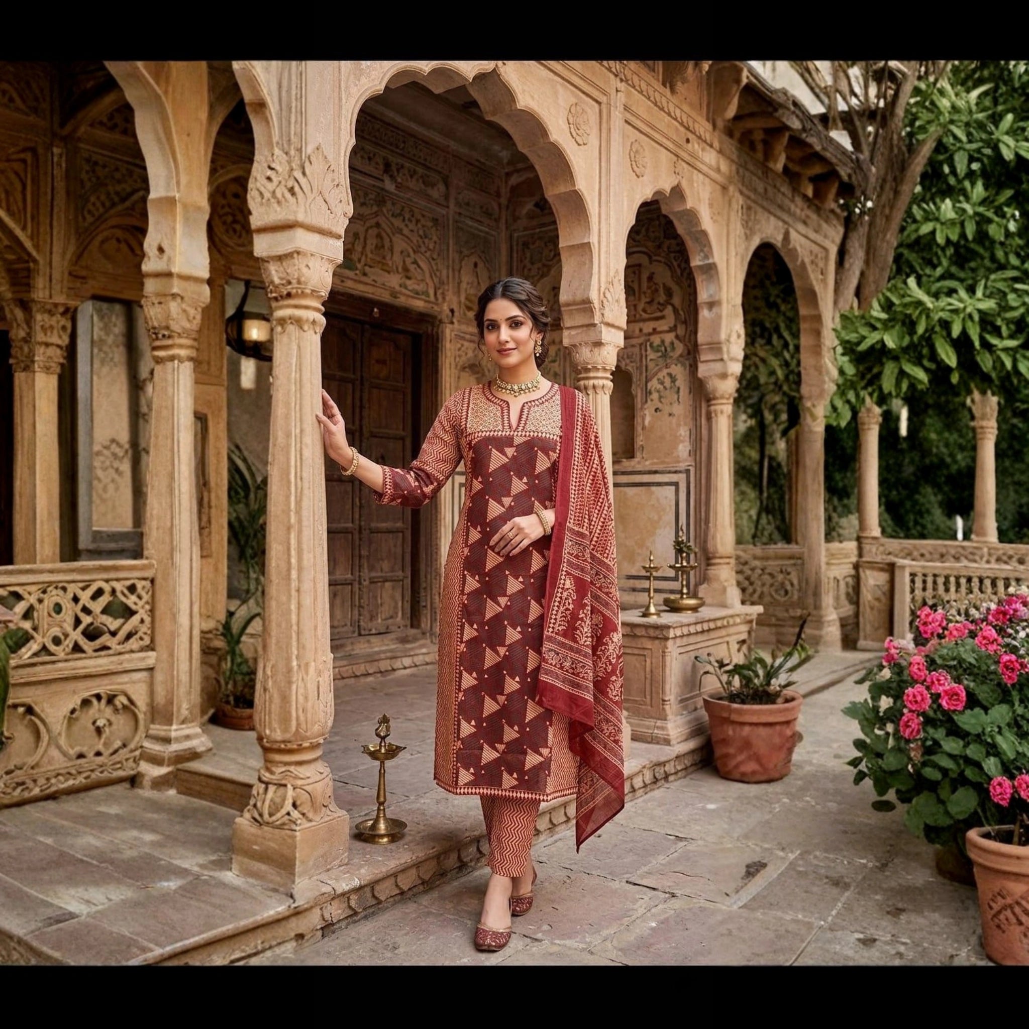 Royal Geometric Printed Kurti Pant & Dupatta Set