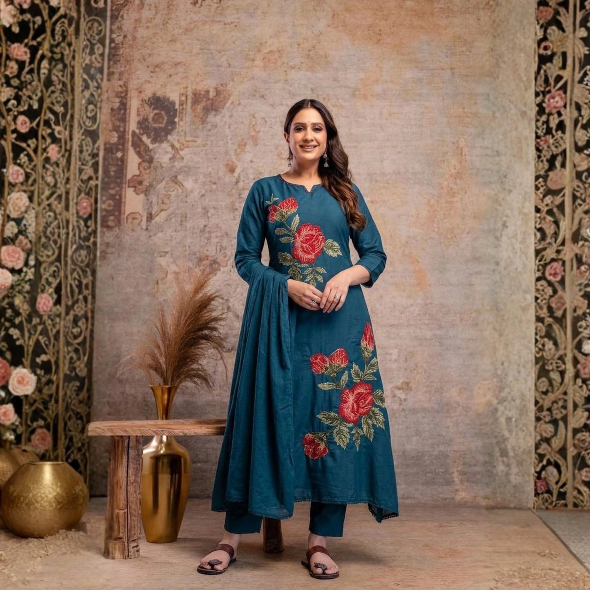 Chic Floral Embroidered Mul Cotton Kurta Set