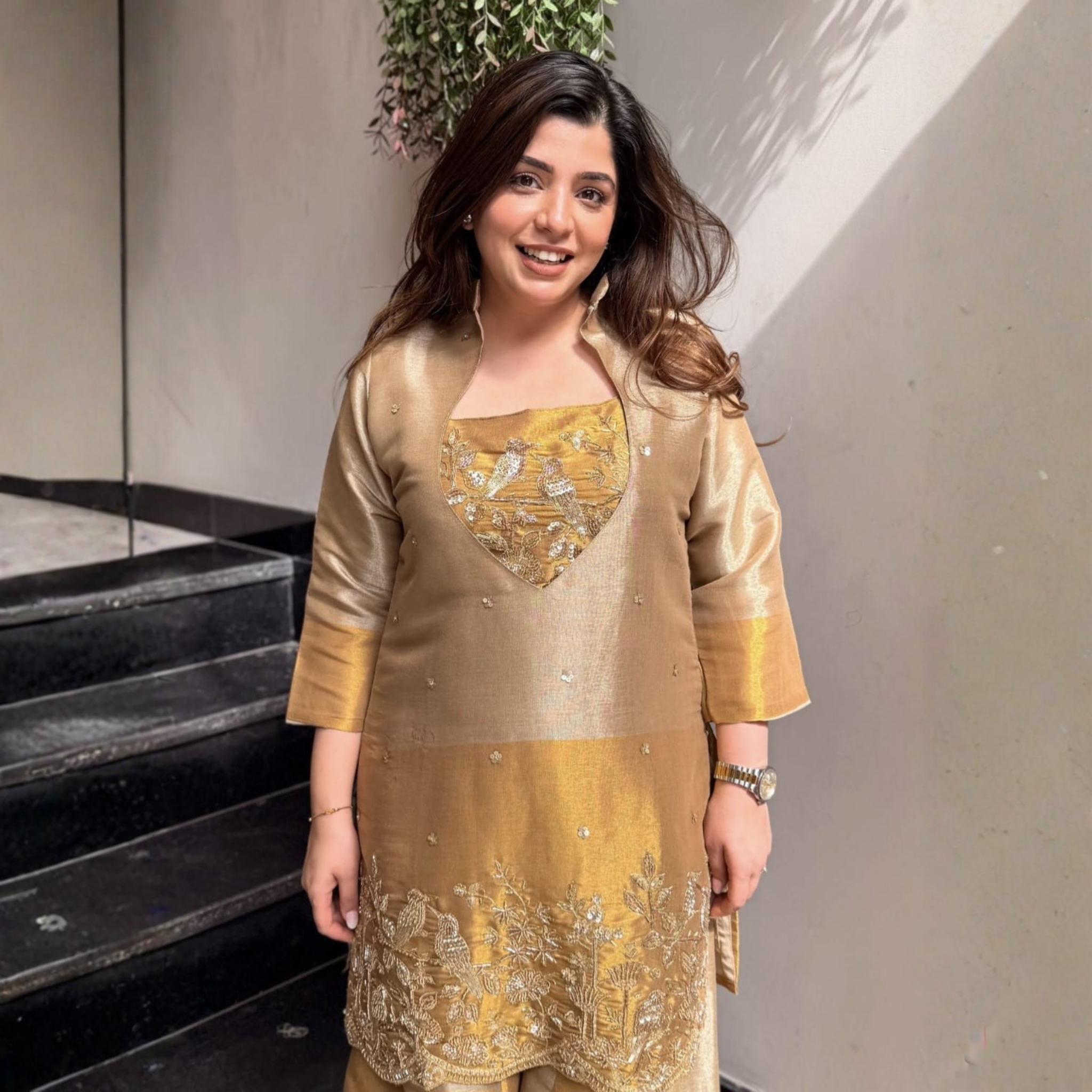 Golden Glaze Tissue Simmer Kurti Set