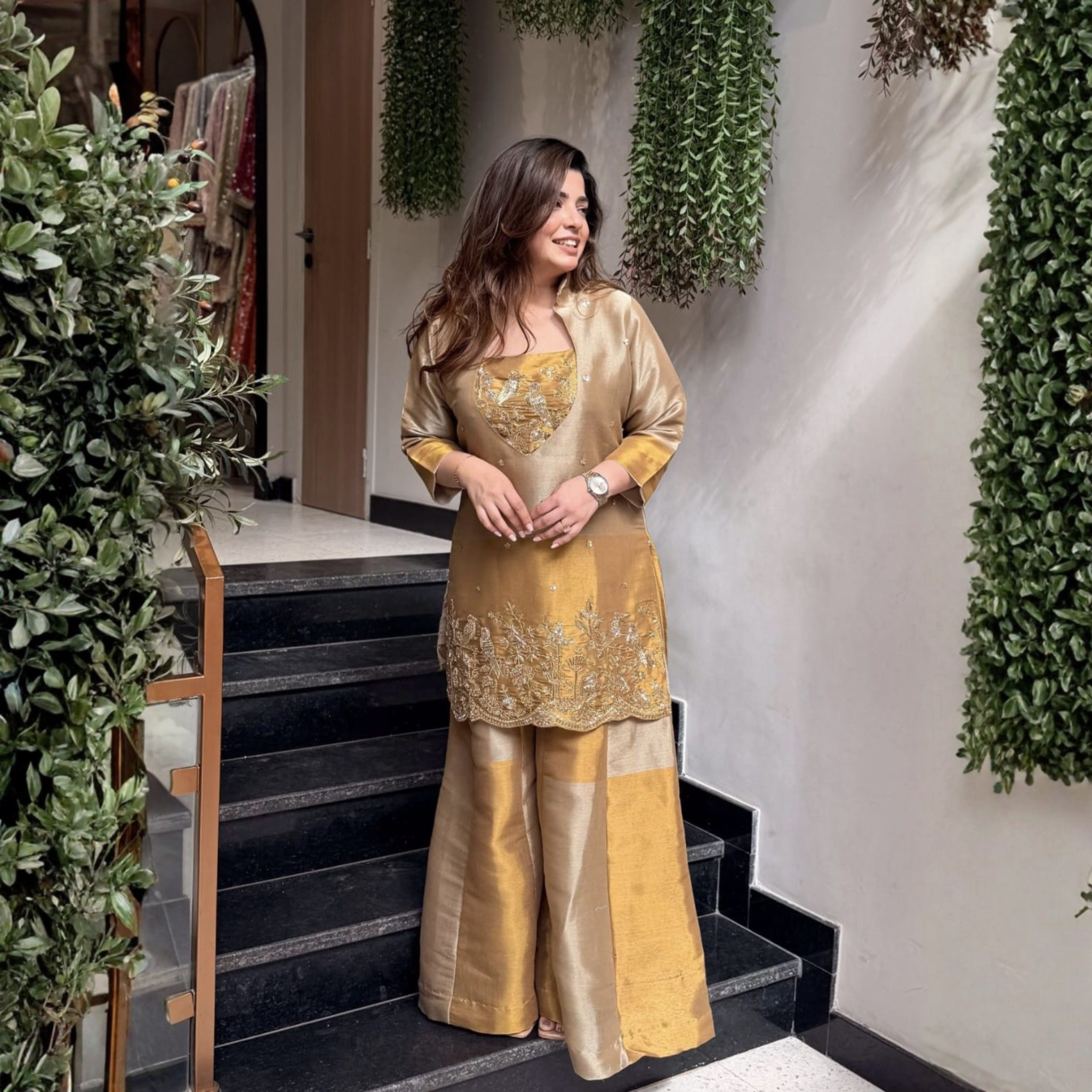 Golden Glaze Tissue Simmer Kurti Set