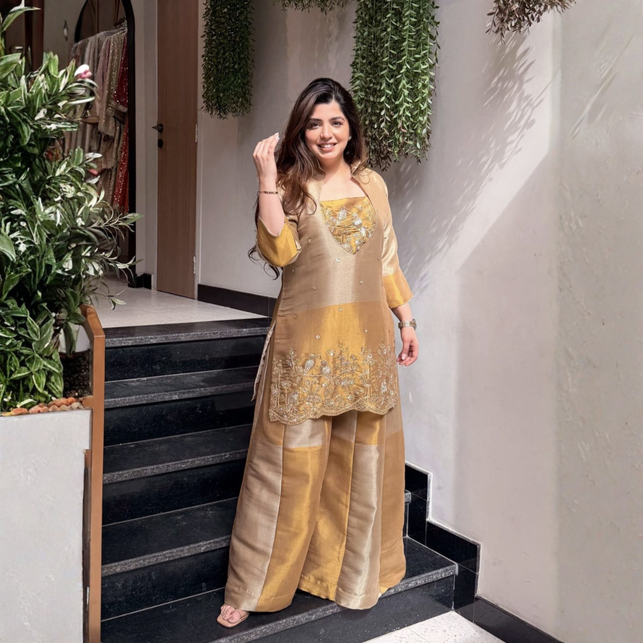 Golden Glaze Tissue Simmer Kurti Set