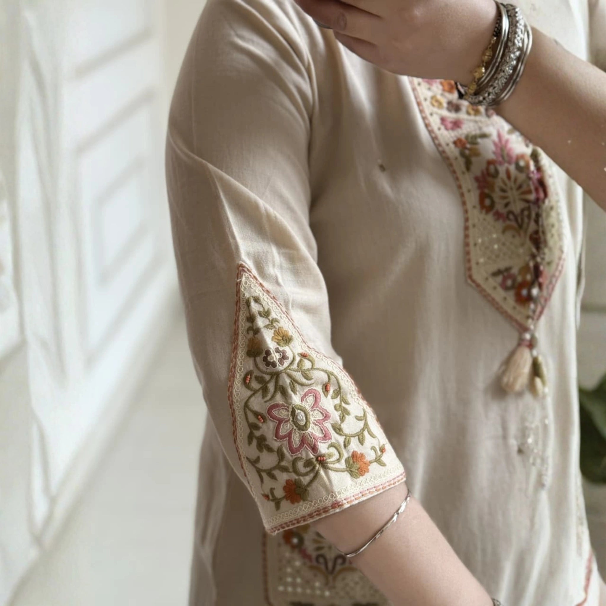 Off White Khadi Embroidered Suit Set with Dupatta