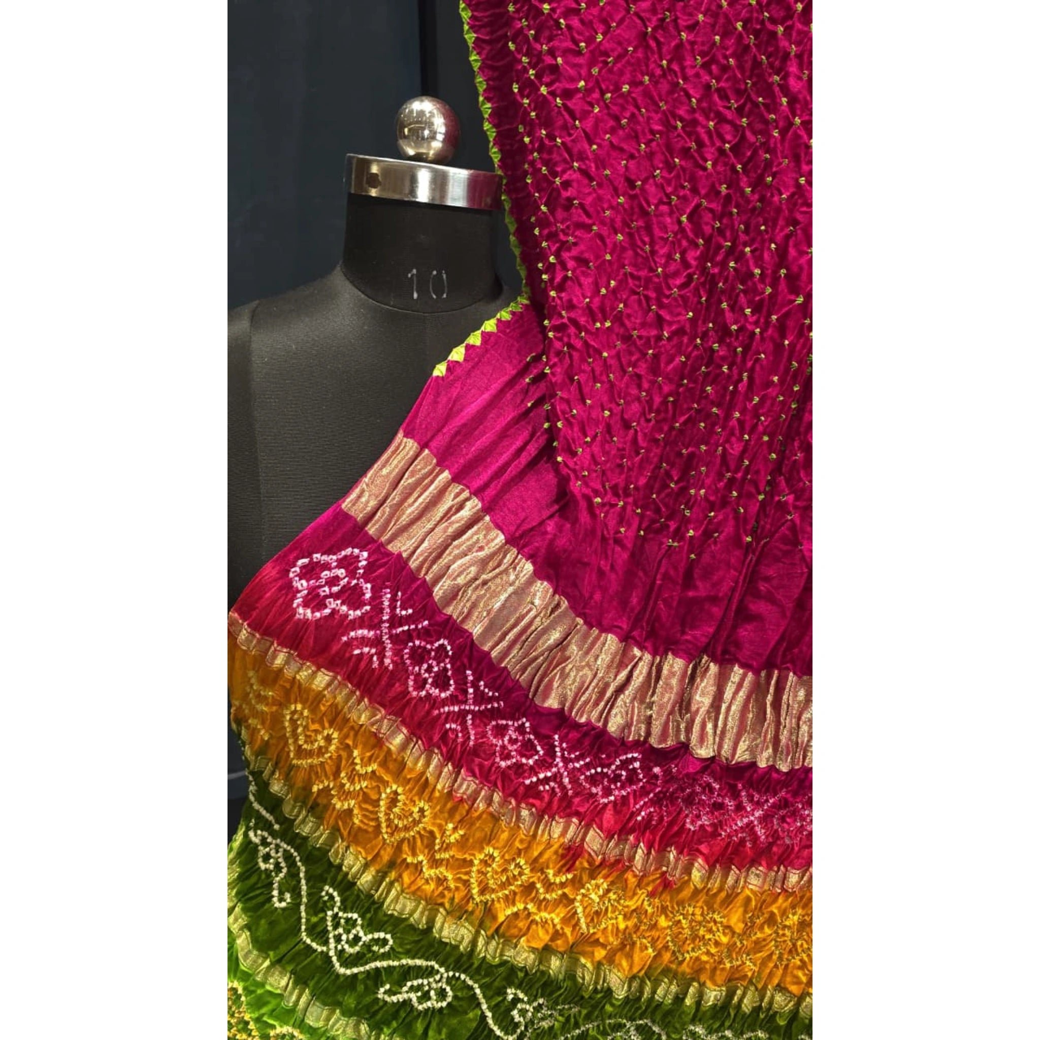 Pure Gaji Silk Bandhej Saree with 10 Patta Multicolor Pallu