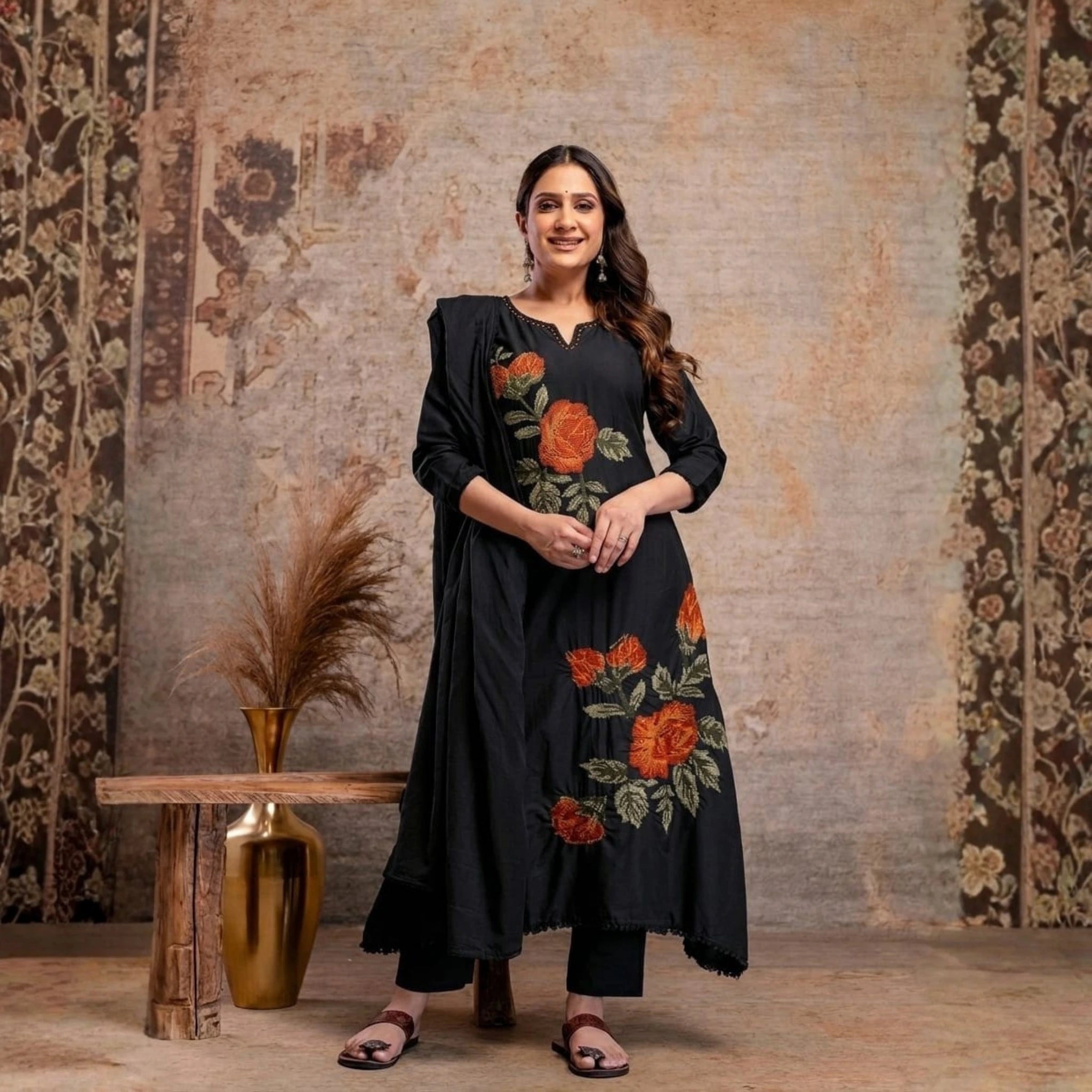 Chic Floral Embroidered Mul Cotton Kurta Set