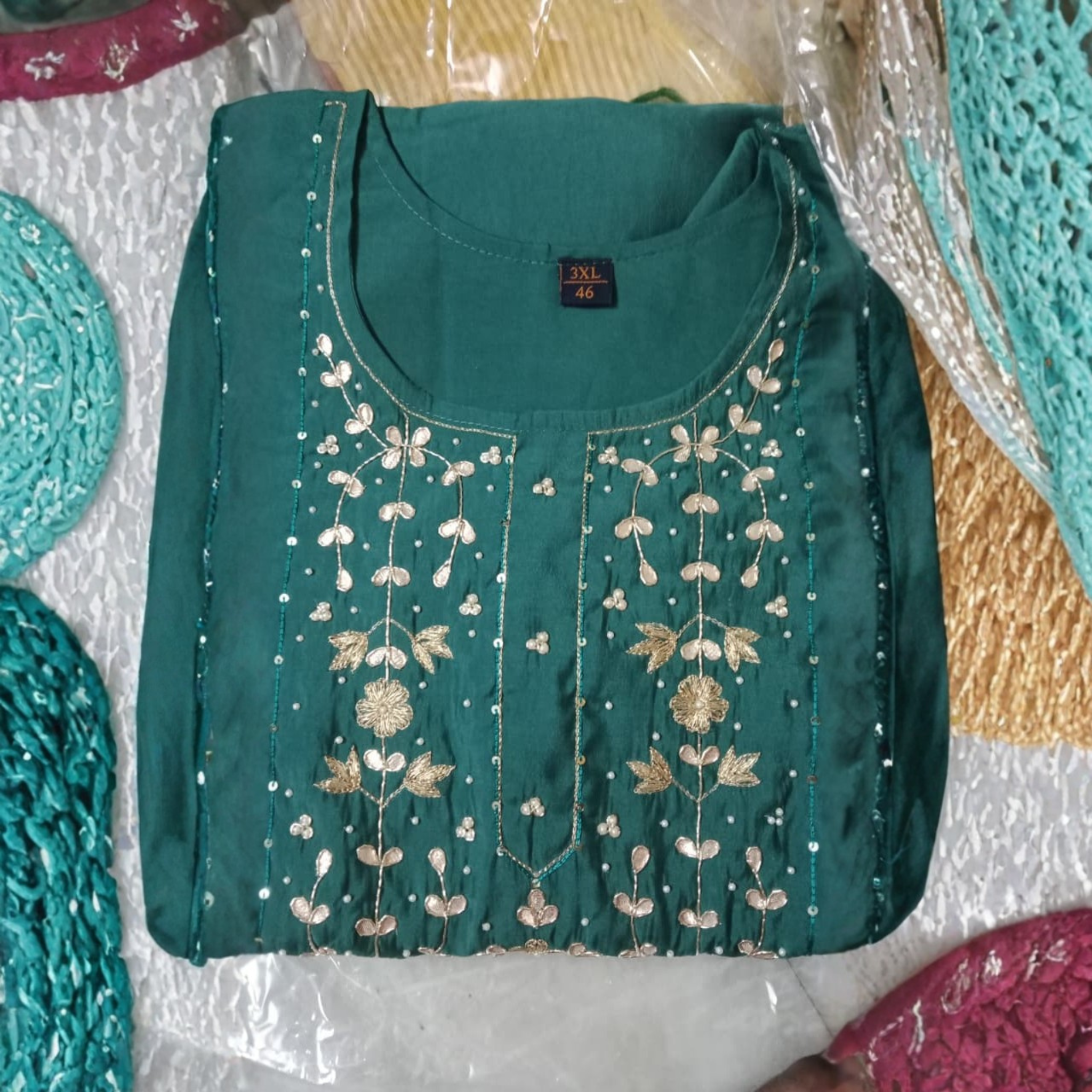 Embroidered Kurti Pant Set with Dupatta (Plus Size)