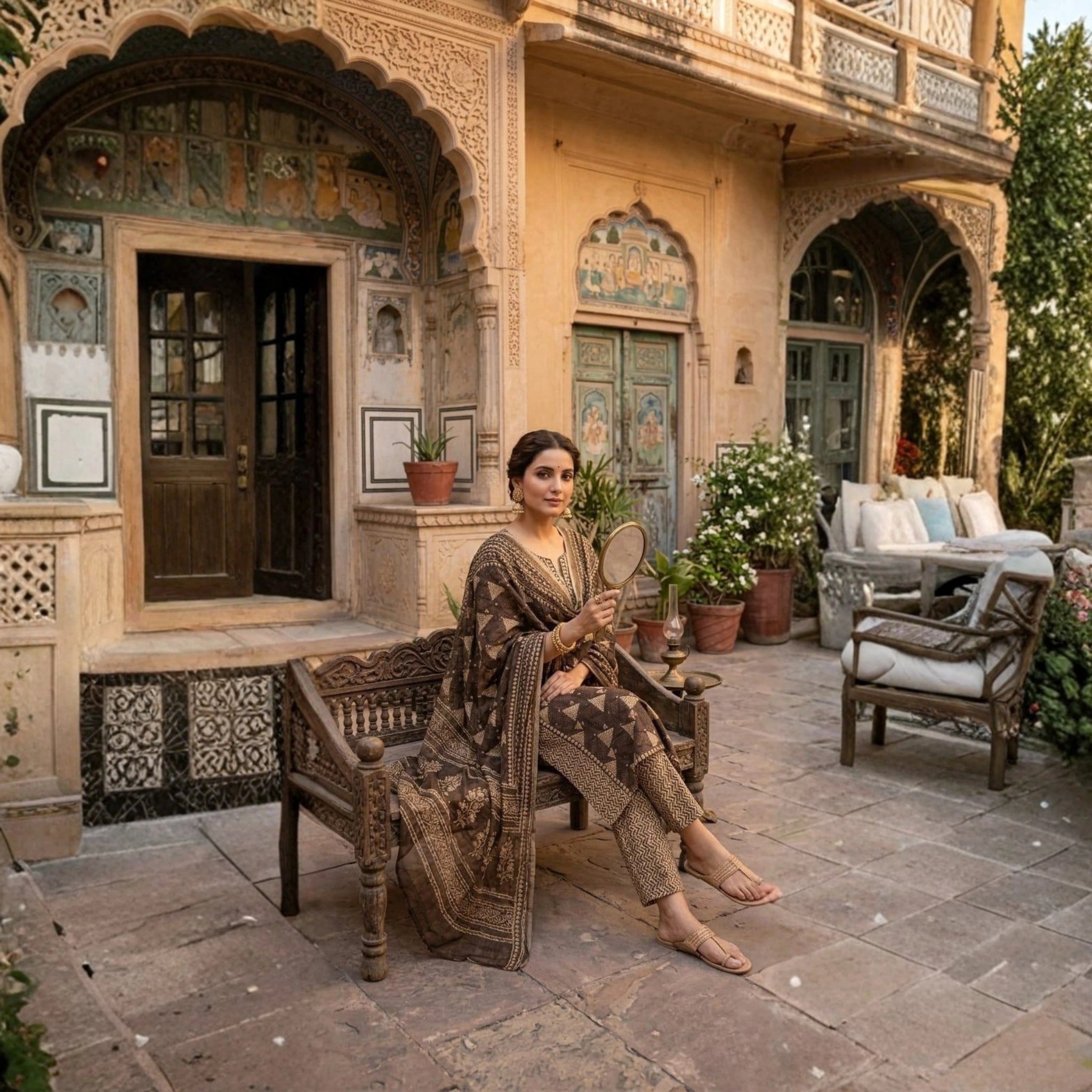 Royal Geometric Printed Kurti Pant & Dupatta Set