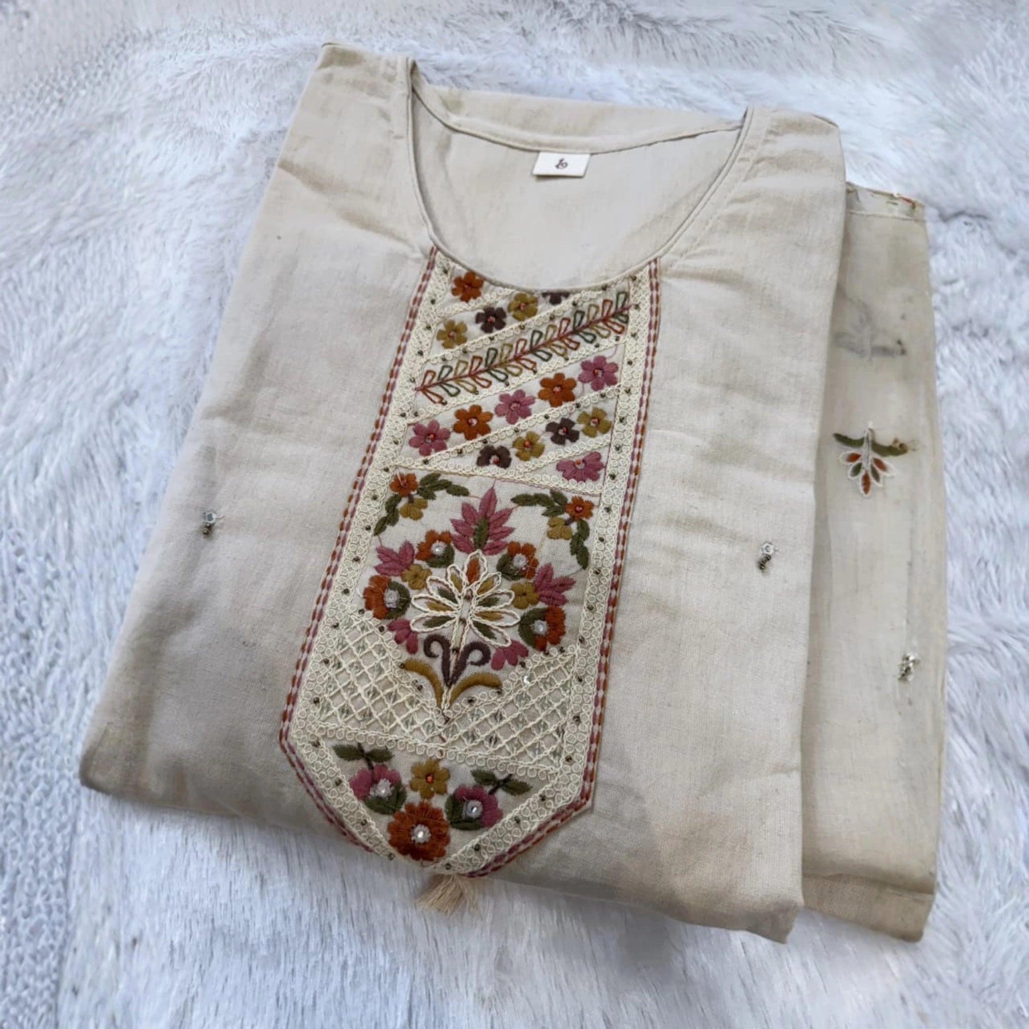 Off White Khadi Embroidered Suit Set with Dupatta