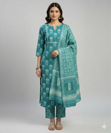 Printed Suit Set with Dupatta - Turquoise
