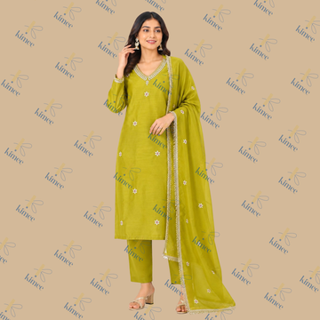 Mul Chanderi Embroidered Suit Set with Dupatta