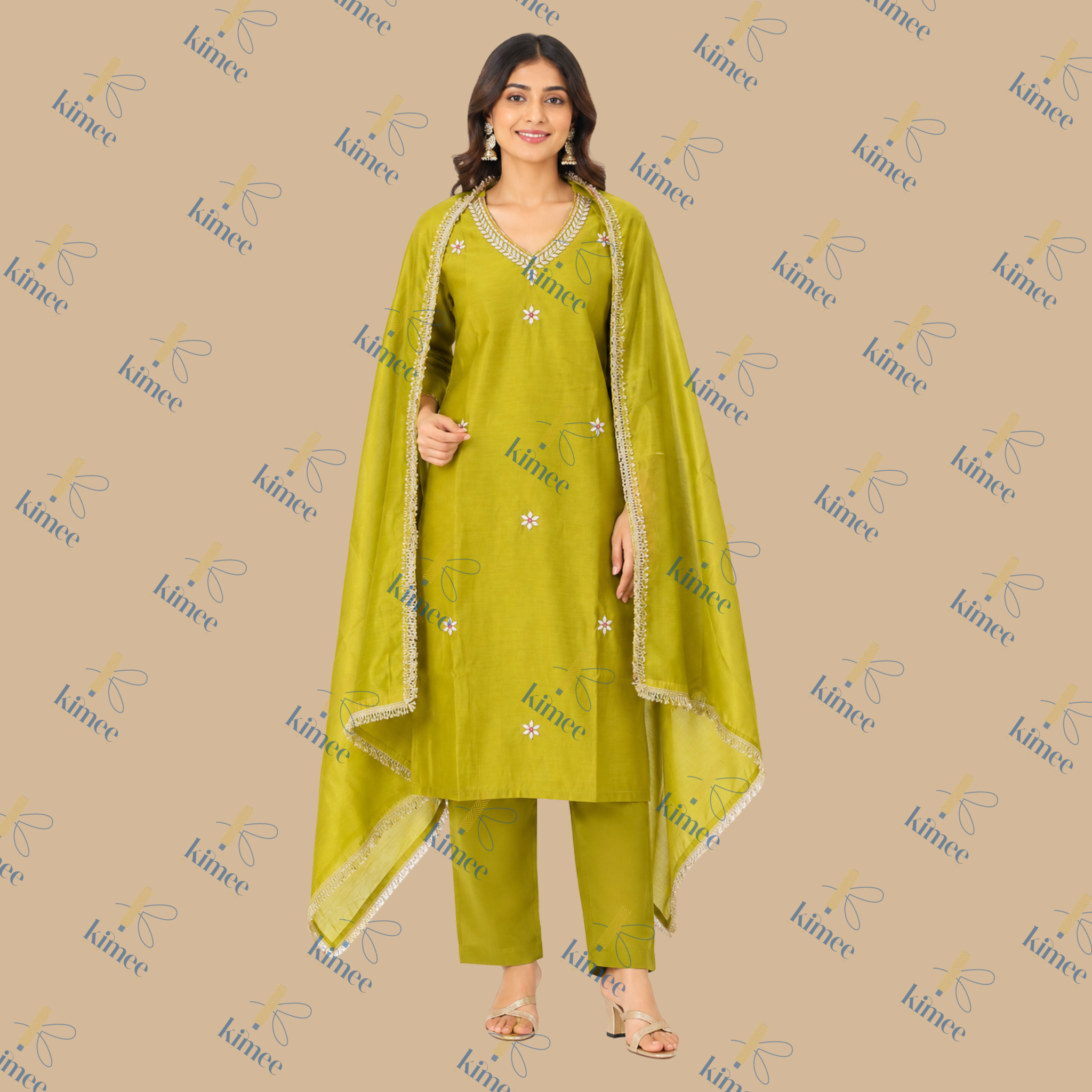 Mul Chanderi Embroidered Suit Set with Dupatta