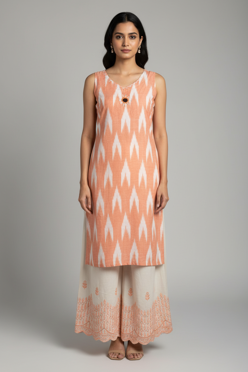 Front View - Sleeveless Kurti with Embroidered Palazzo Pants