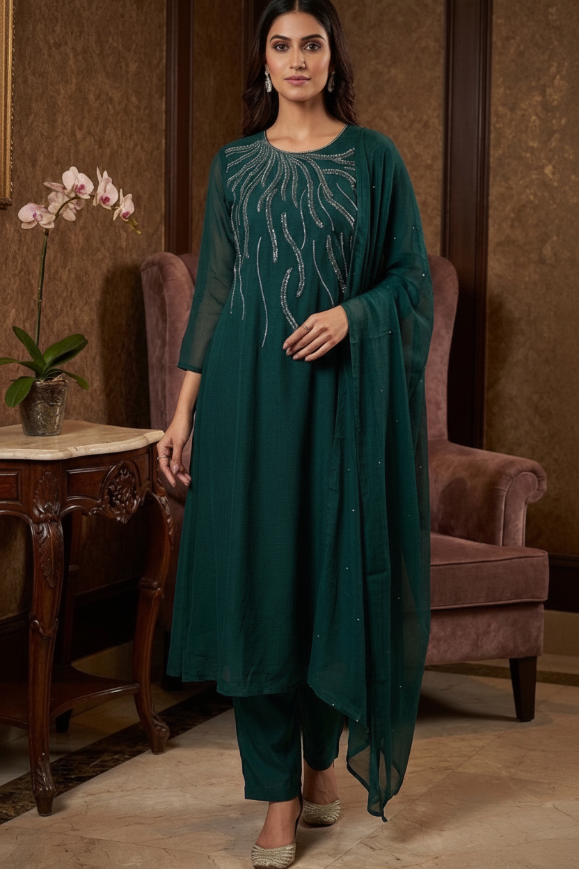 Emerald Green Embellished Chinnon Suit Set - Front View