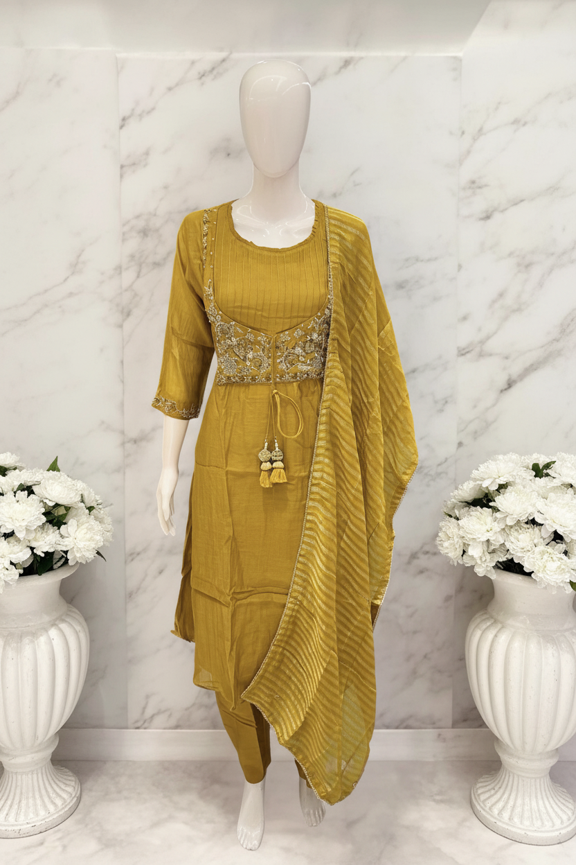 Mustard yellow embroidered kurta set without branding