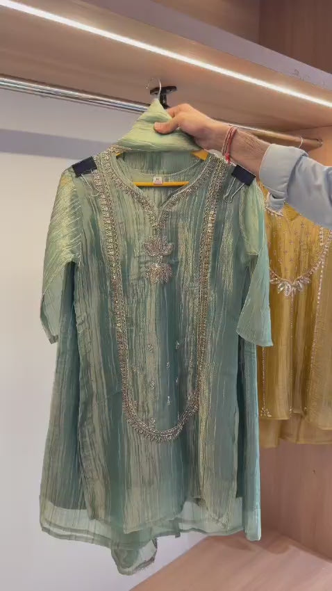 Elegant Sea Green Crushed Tissue Silk Indo Western Set