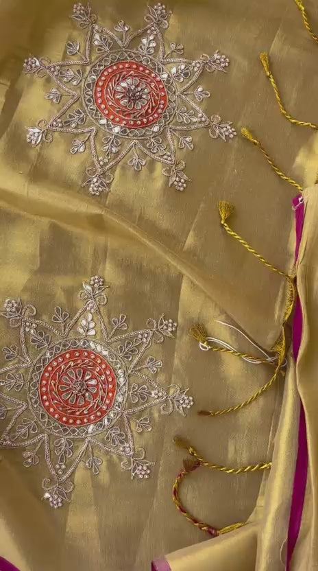 Golden Silk Embroidered Designer Saree with Tassels